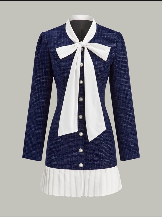 Commense Dresses & Skirts - Commense Pleated Hem Bow Neckline Tweed Mini Dress